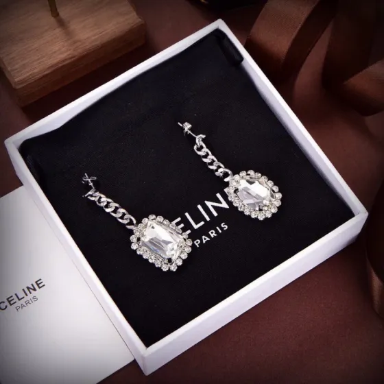 Celine PRECIOUS earrings silver-toned metal with clear faceted crystals 5 5cm drop length
