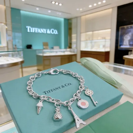 Tiffany Co Charm Bracelet bracelet Sterling silver with white enamel ice cream pink enamel round charm silver-toned pineapple Eiffel Tower and daisy key charms 7 inches