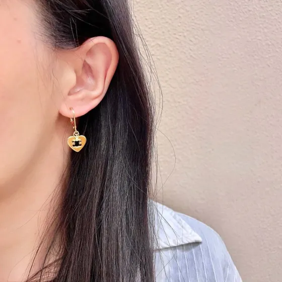 Celine Triomphe Heart Drop Earrings earrings gold-tone metal with enamel accents brown white black 1 5cm drop length
