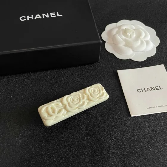 Chanel Camellia CC Quilted Hair Barrette brooch Cream white resin 6cm length