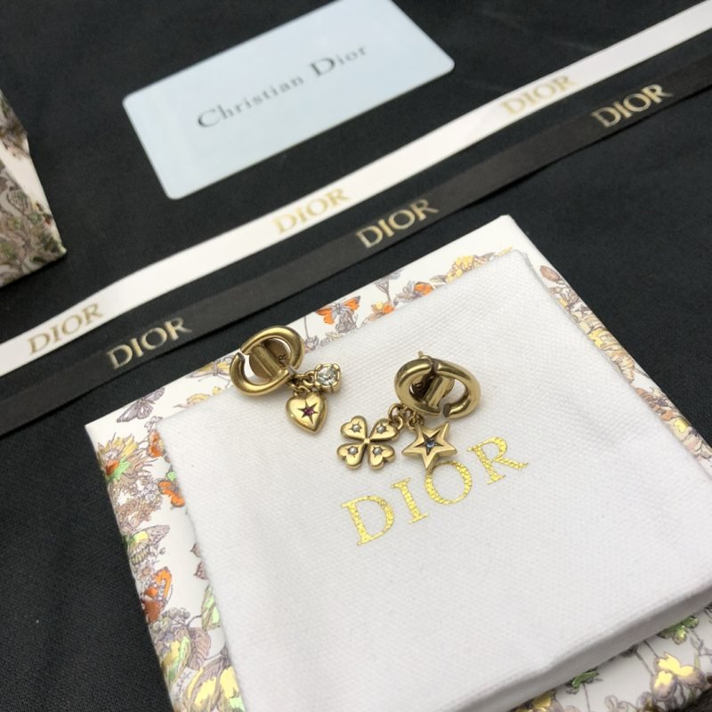 Dior Lucky Charms CD earrings Aged gold-tone metal with clear pink blue and clear crystal accents One Size