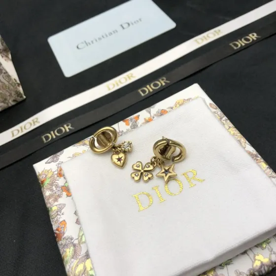 Dior Lucky Charms CD earrings Aged gold-tone metal with clear pink blue and clear crystal accents One Size