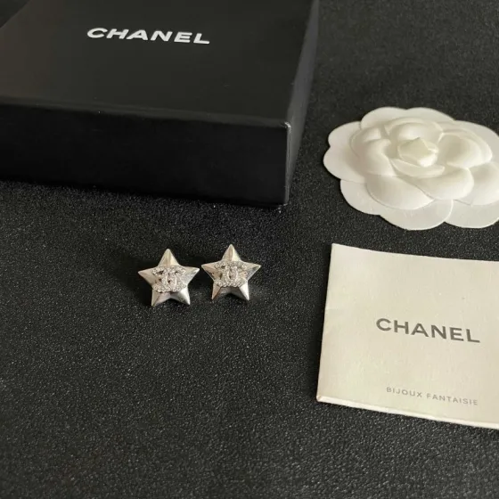 Chanel CC Star Stud Earrings earrings Silver-toned metal with clear crystal accents One Size