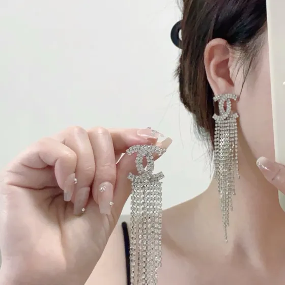 Chanel CC Crystal Fringe Drop Earrings earrings silver-tone metal with clear crystal rhinestones 9cm length
