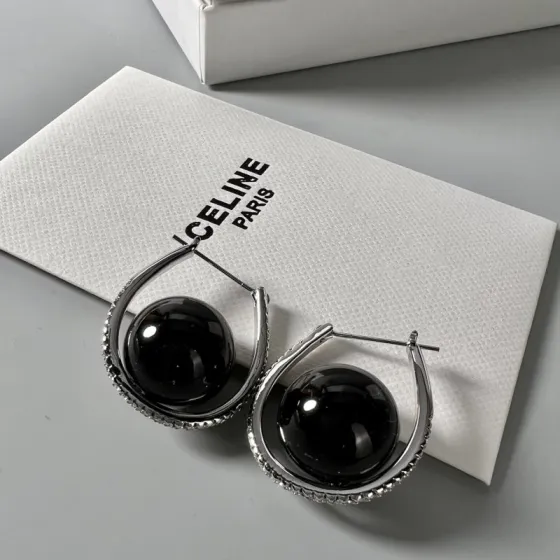 Celine YHED045 Black Ball Hoop Earrings earrings Rhodium-plated silver-toned metal with glossy black spherical cabochons and clear pave crystal accents 3cm hoop diameter