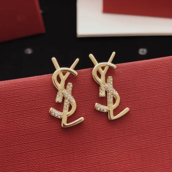 Saint Laurent YED0041 Cassandre Monogram earrings gold-tone metal with clear crystal accents 2cm length