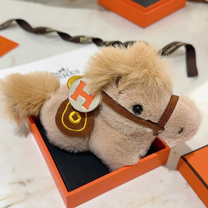 Hermes Horse Plush Bag Charm pendant Beige plush brown leather silver-tone metal with orange H logo gold-tone hardware 12cm