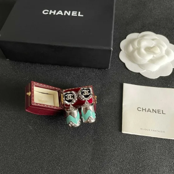 Chanel CC Logo Chevron Drop Earrings earrings Silver-tone metal with black enamel turquoise enamel and clear crystal accents 2 5cm drop length