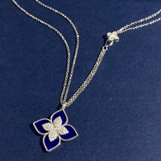 Roberto Coin Princess Flower necklace White gold with diamond center available variants blue lapis lazuli black onyx white mother of pearl turquoise green malachite inlays 42cm
