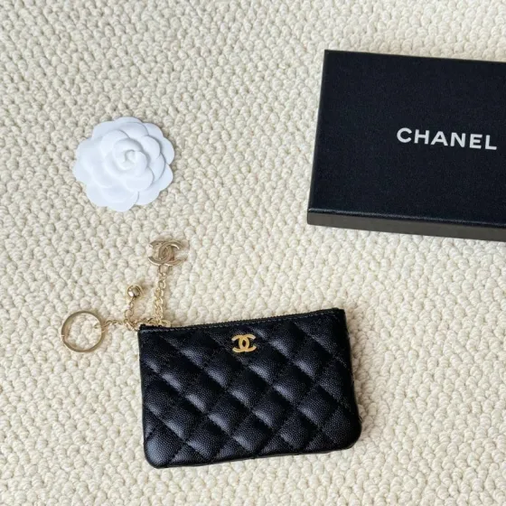 Chanel Classic Quilted Caviar Zip Key Pouch pendant Black grained caviar leather with gold-tone metal hardware 12cm x 8cm