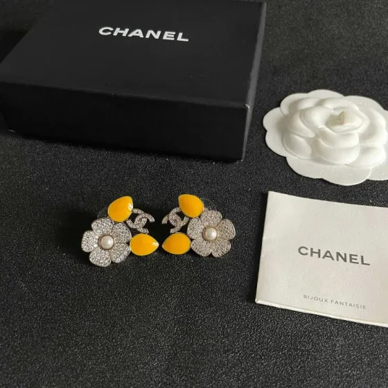 Chanel CC Logo Crystal Flower Yellow Enamel Stud Earrings earrings Gold-tone metal clear crystal white faux pearl bright yellow enamel 2 5cm diameter per earring