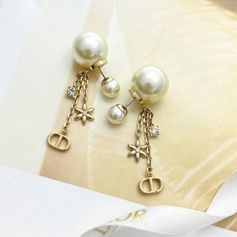 Dior Tribales earrings gold-tone metal cream white faux pearl clear crystal 2 5cm drop length