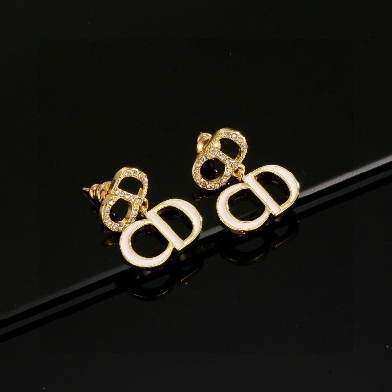 Dior CD Logo Drop Earrings earrings Gold-tone metal white enamel clear crystal accents 2 5cm drop length