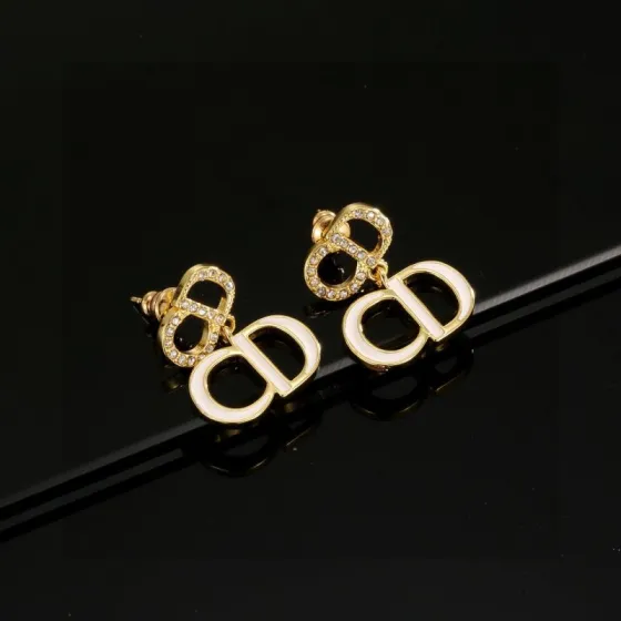 Dior CD Logo Drop Earrings earrings Gold-tone metal white enamel clear crystal accents 2 5cm drop length