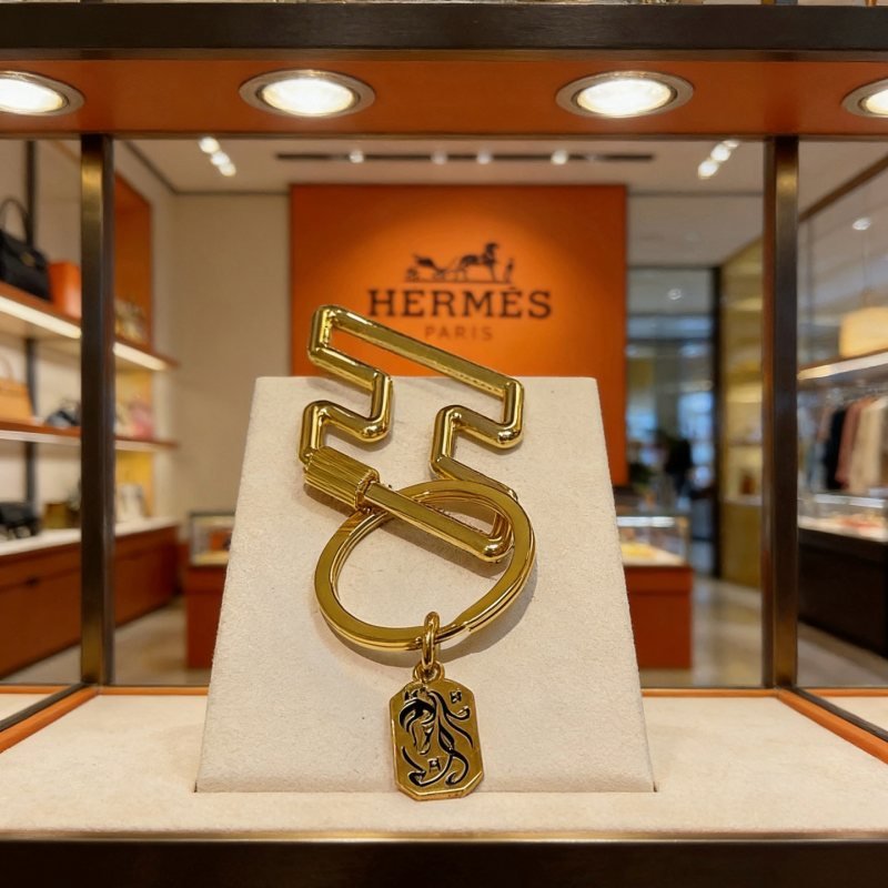 Hermes Horse Head Zigzag Key Charm pendant gold tone metal with black enamel detailing 10cm total length