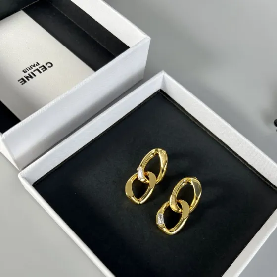 Celine Interlocking Chain Crystal Drop Earrings earrings Gold-tone metal with clear baguette-cut crystals 3cm drop length