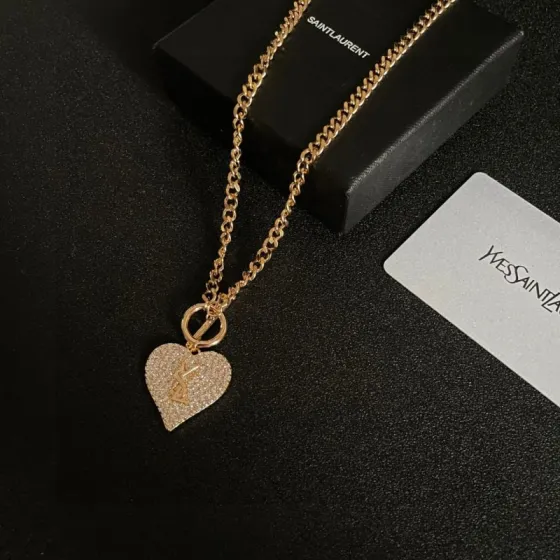 Saint Laurent YSL Logo Pave Heart Toggle Necklace necklace Gold-tone metal with clear pave crystals 45cm