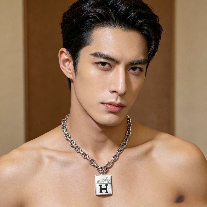 Hermes Chaine d Ancre H Carriage Pendant necklace Silver-toned metal with black enamel H detail 50cm