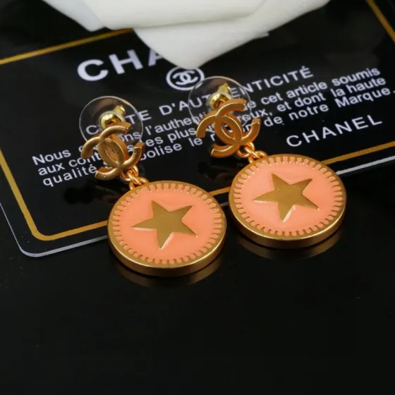 Chanel CC Logo Star Coin Drop Earrings earrings matte gold metal with peach enamel 2 5cm drop length