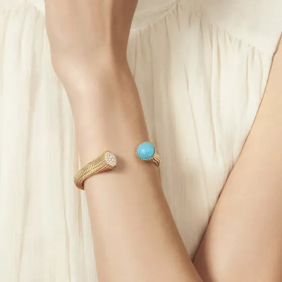 Van Cleef Arpels Perlee Couleurs Bypass Cuff bracelet 18k yellow gold turquoise blue cabochon clear diamond pave 17cm inner circumference