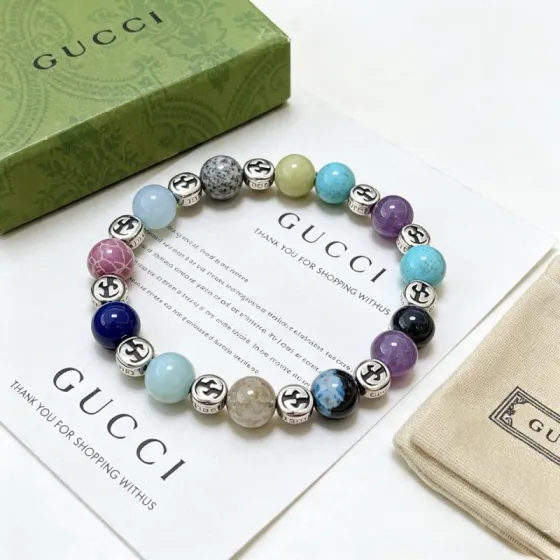 Gucci Anger Forest bracelet Silver-toned metal with multicolor natural gemstone beads 18cm