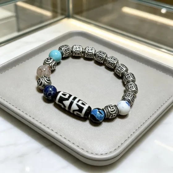 Gucci Anger Forest bracelet Aged silver metal with turquoise blue pale pink dark blue black-white blue-black white-blue multi-stone beads 18cm