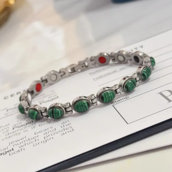 Piaget Malachite Magnetic Link Bracelet bracelet Silver-toned stainless steel with green malachite cabochons red black white and silver magnetic inlays 19cm