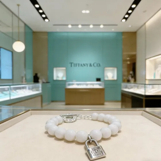 Tiffany Co 1837 Lock Bead Bracelet bracelet Sterling silver metal with white agate beads 18cm
