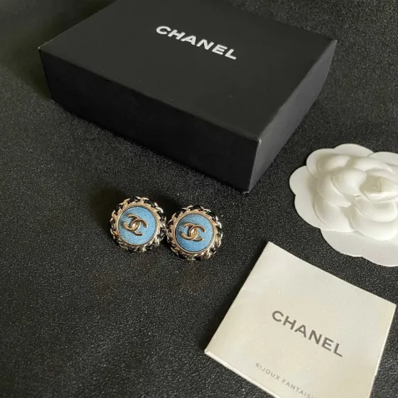 Chanel CC Logo Chain-Trimmed Denim Button Earrings earrings light gold-tone metal blue denim center black leather chain trim 1 8cm diameter