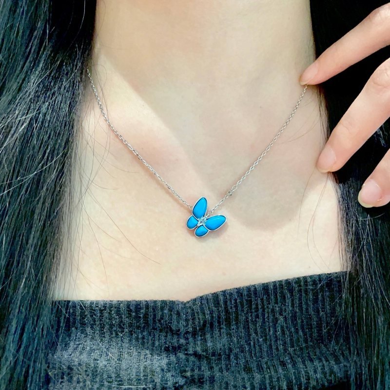 Van Cleef Arpels Two Butterfly necklace White gold turquoise diamond 42cm