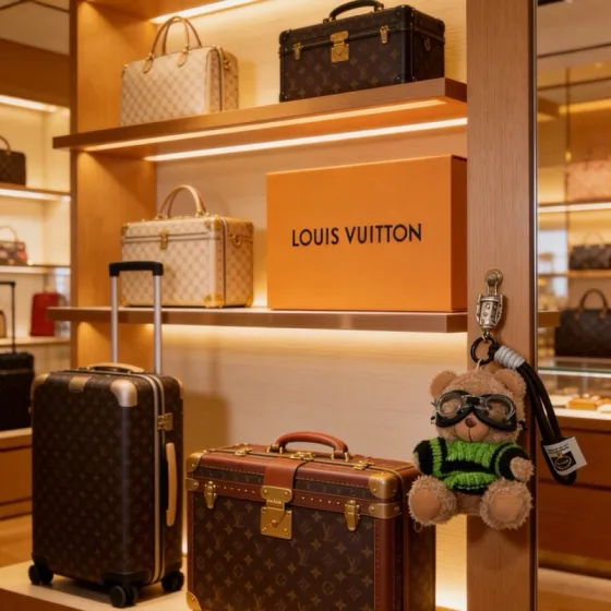 Louis Vuitton Anger Forest Pilot Teddy Bear Charm pendant Beige plush teddy black and bright green knit sweater black goggles black fabric strap with silver metal hardware blue enamel LV tag 12cm total strap length