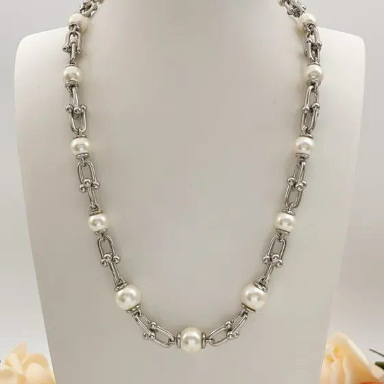 Tiffany Co HardWear Pearl Link necklace silver-toned metal white pearl 18 inches