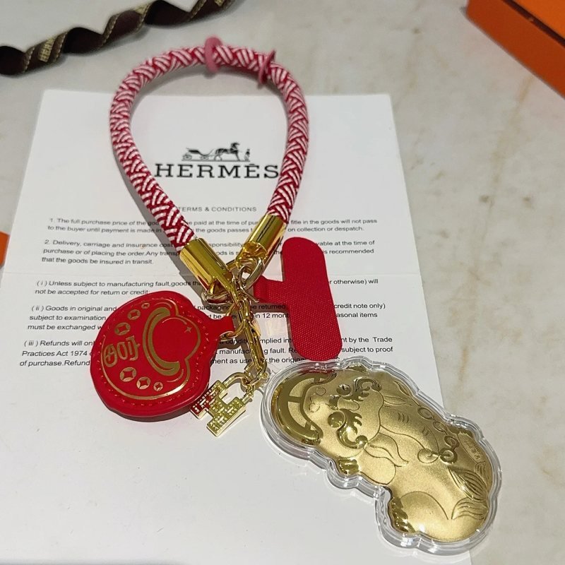 Hermes Lucky Pixiu Charm Keychain pendant Gold-tone metal red and white braided cord red leather clear acrylic 18cm