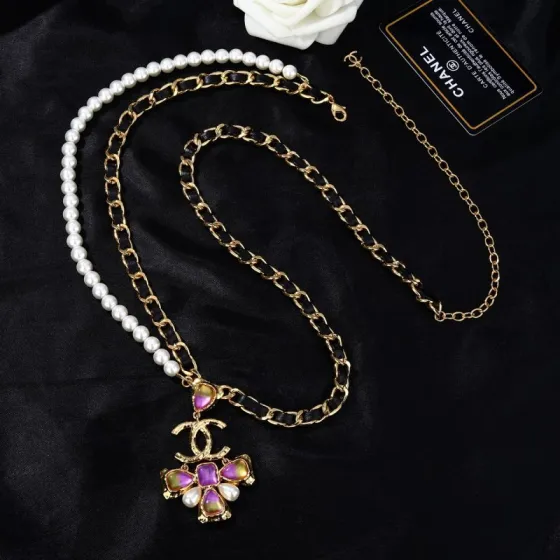 Chanel Goose series CC logo pearl chain waist chain necklace gold tone metal black leather white faux pearl purple-yellow gradient resin stone 80cm with 10cm extension