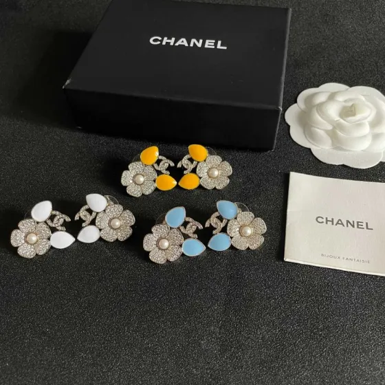 Chanel CC Logo Flower Enamel Stud Earrings earrings Gold-tone metal clear crystals white pearl center light blue enamel accents One Size 2 5cm width