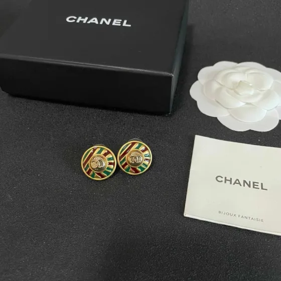 Chanel CC Logo Striped Enamel Button Earrings earrings Gold-tone metal with green burgundy and gold enamel 1 8cm diameter