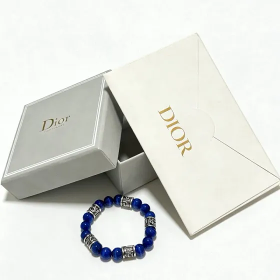 Dior Oblique Beaded Bracelet bracelet Antique silver-tone metal deep blue cat s eye stone beads 19cm