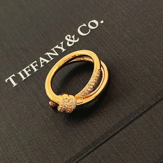 Tiffany Knot Double Row Ring ring 18k yellow gold with pave diamonds 7