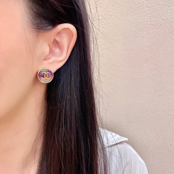 Chanel CC Logo Round Stud Earrings earrings Gold-tone metal with iridescent purple green and pink enamel 1 5cm diameter