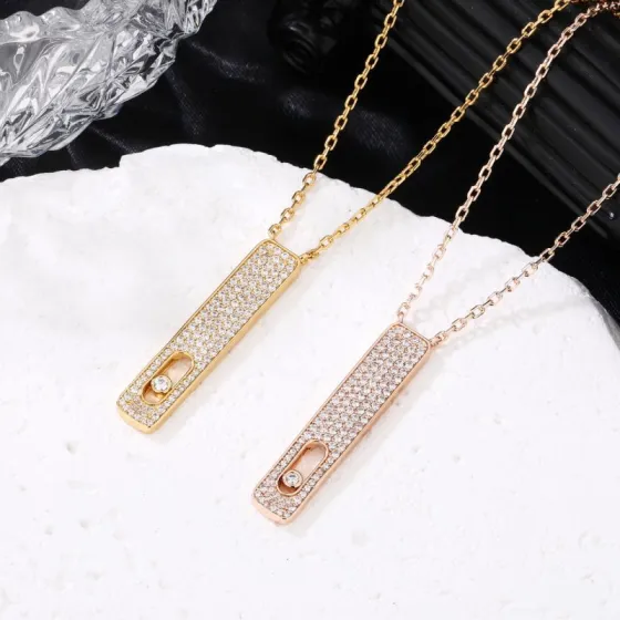 Messika My First Diamond Pave Vertical Bar Necklace necklace Yellow gold rose gold with clear pave diamonds and sliding diamond accent 45cm adjustable chain