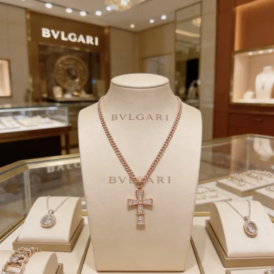 Bvlgari Serpenti Cross Pendant Necklace necklace Rose gold with clear diamond pave 50cm