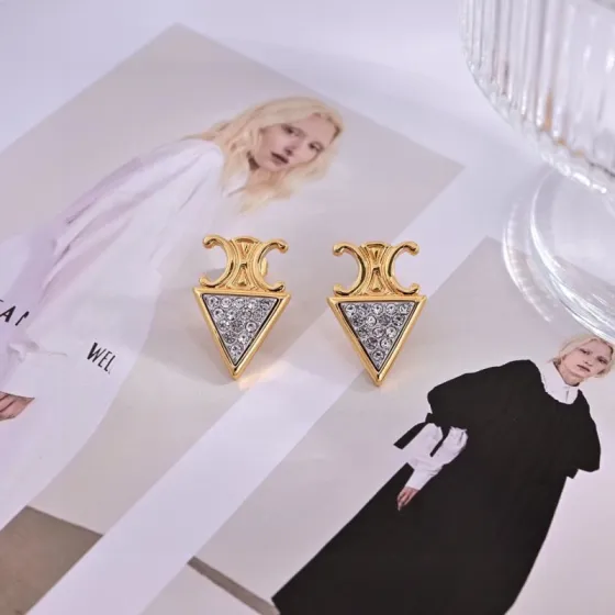 Celine Triomphe Precious Triangular Crystal Stud Earrings earrings gold-tone metal with clear pave crystals 1 8cm length
