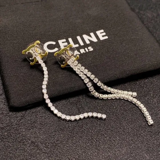 Celine Triomphe Crystal Fringe Drop Earrings earrings Two-tone gold and silver-toned metal with clear faceted crystals 6cm drop length