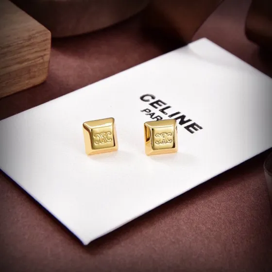 Celine Triomphe Square Stud earrings gold-tone metal 8mm stud diameter