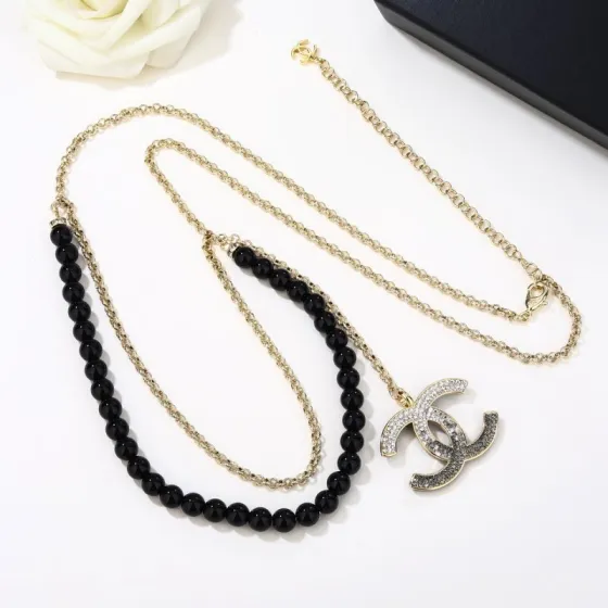 Chanel CC Double Strand Black Bead Necklace necklace Gold-tone metal black beads clear and black gradient crystals 80cm