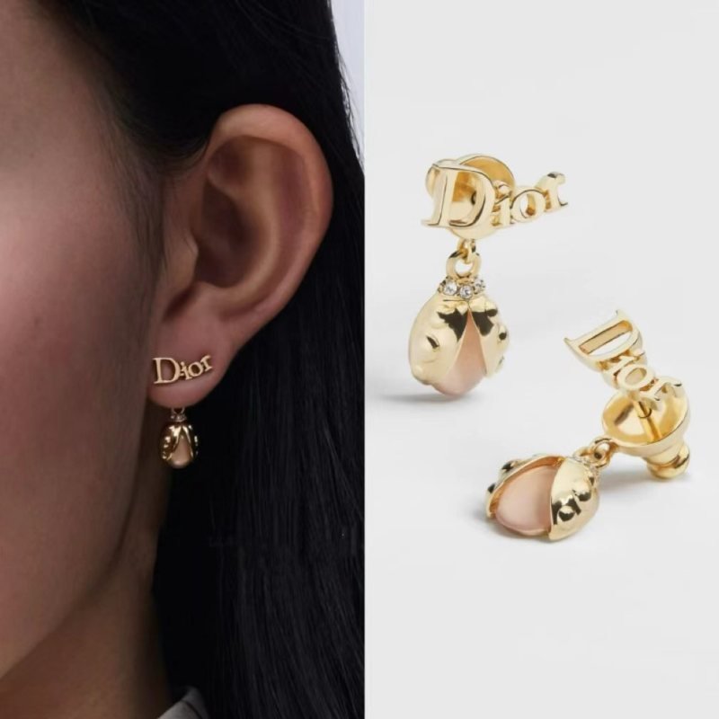 Dior Dior Logo Ladybug Drop Earrings earrings Gold-tone metal with pink cabochon and clear crystal accents One Size post stud drop length approx 1 5cm