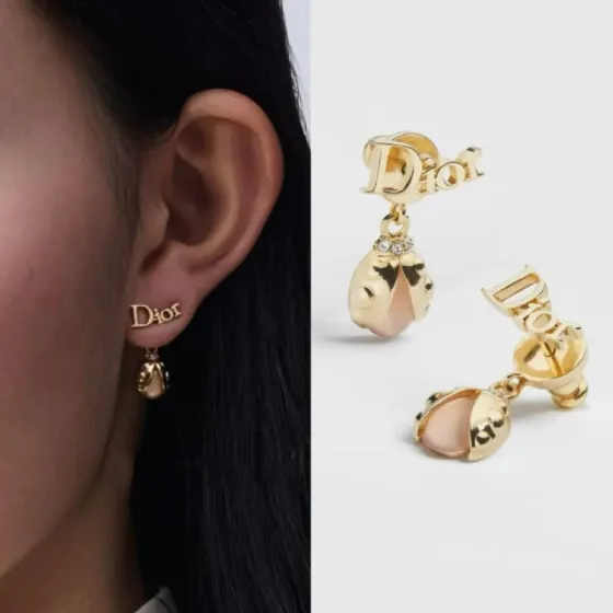Dior Dior Logo Ladybug Drop Earrings earrings Gold-tone metal with pink cabochon and clear crystal accents One Size post stud drop length approx 1 5cm