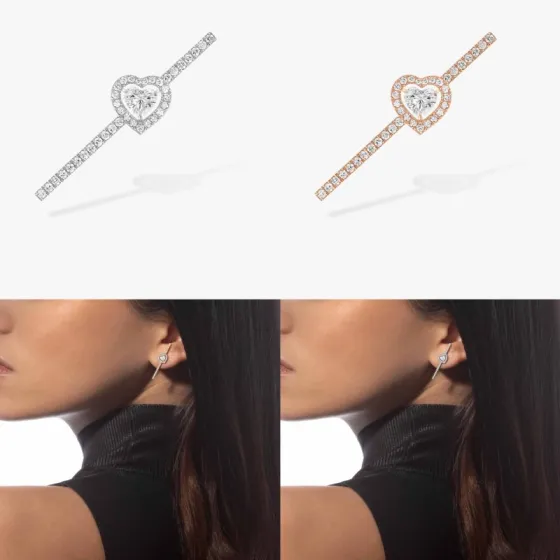 Messika Joy C ur earrings 18K white gold 18K rose gold 18K yellow gold with clear diamonds single earring 0 15 carat heart-shaped center diamond