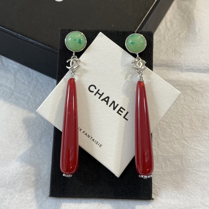 Chanel CC Logo Bijoux Fantaisie Long Drop Earrings earrings silver tone metal light green cabochon deep red resin drop 7cm drop length