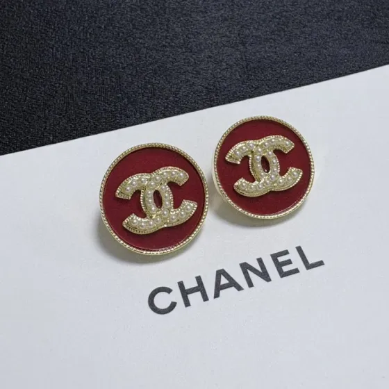 Chanel CC Logo Round Stud Earrings earrings Gold-tone metal burgundy red enamel white faux pearl 1 8cm diameter